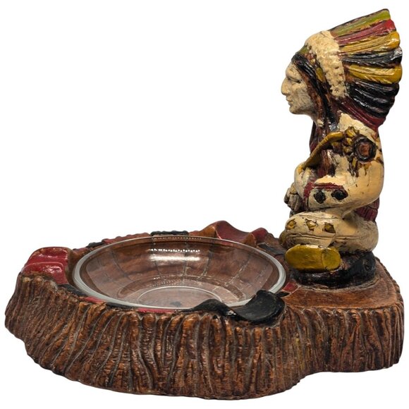 Vintage Hand-Painted Native American Chief Figurine Ashtray With Glass Bowl Inse - Picture 3 of 6